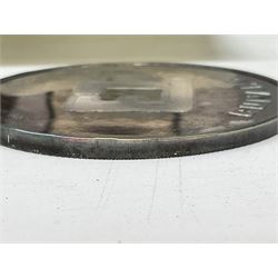 Silver 1969 Cunard RMS Queen Elizabeth maiden voyage commemorative medallion, in original Slade, Hampton & Son case with certificate, two Stratton R.M.S Queen Elizabeth mirror compacts, Stratton R.M.S Queen Mary compact, mid 20th century P&O Canberra Round World Voyage miniature globe, S.S Oriana ash tray modelled as a barrel, Norah Wellings sailor doll, and other maritime and shipping memorabilia 