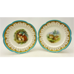  Pair late Victorian Minton shaped dessert plates hand painted with squirrels and rabbits after Landseer, by Henry Mitchell within a border of gilt beaded swags, floral roundels and crosshatched panels with turquoise rim c1870 pattern no. G154, D24cm (2) Provenance Property of Bob Heath, Brandesburton Formerly of Ravenfield Hall Farm near Rotherham  
