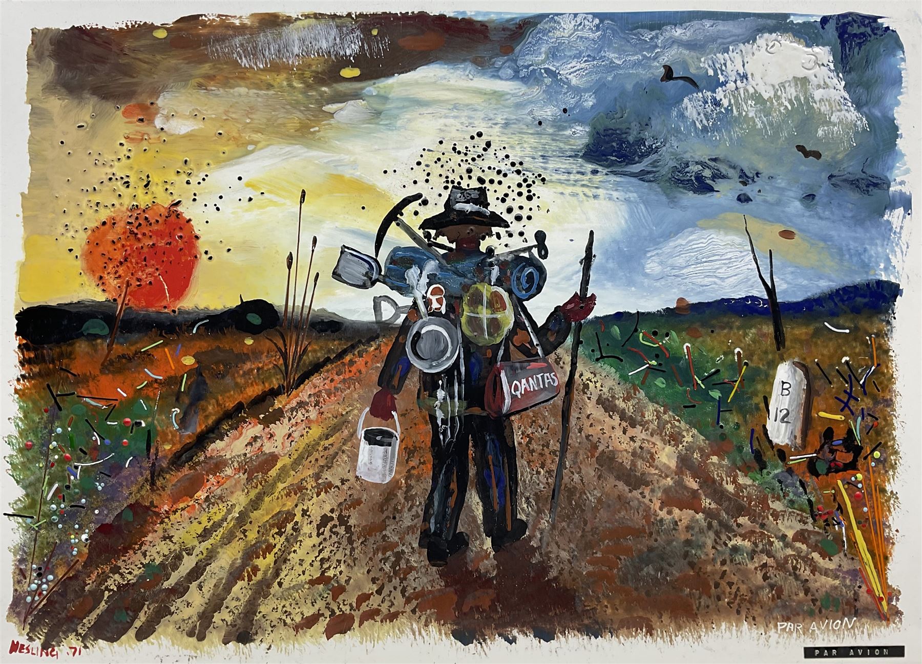 Bernard Hesling (Australian 1905-1987): 'Par Avion', vitreous enamel on metal signed titled and dated '71, 38cm x 54cm