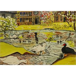 Doris Ada Riley (Northern British 1901-1993): Playtime on the Pond at East Riddlesden Hall, gouache signed 25cm x 36cm