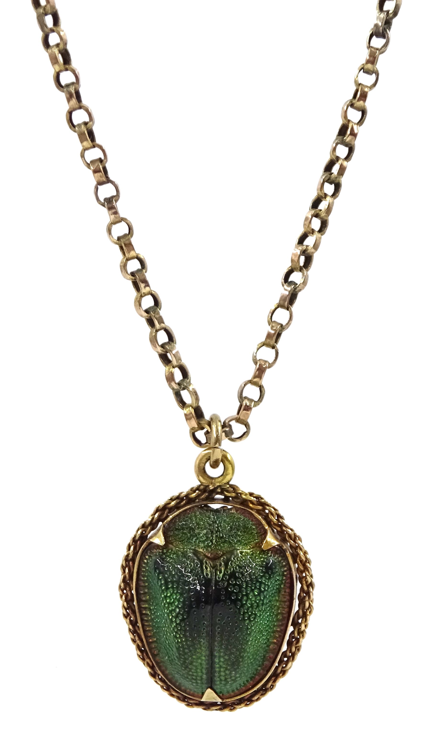 Early 20th century 18ct gold scarab beetle pendant, on 9ct gold necklace