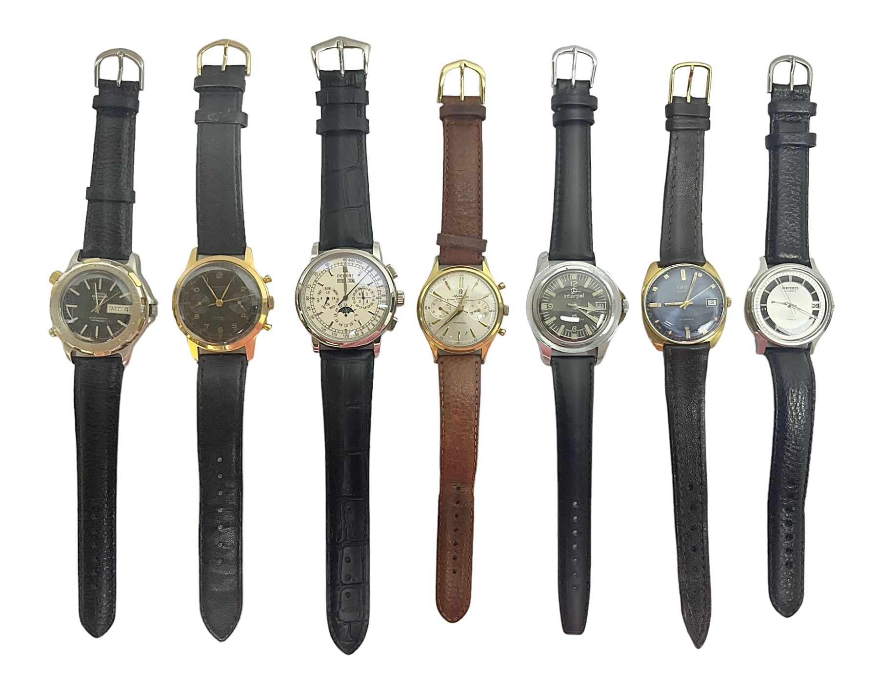Three automatic wristwatches including Seiko, Debert chronograph and Swiss Emperor and four manual wind wristwatches including Chronograph Swiss, Interpol, Mithras chronograph and Oris