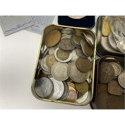 Great British and World coins, including George I 1723 farthing, Queen Victoria 1875 halfcrown, King George V one shilling, pre decimal coinage, commemorative crowns, United States of America 1921 Morgan dollar with soldered loop attached etc