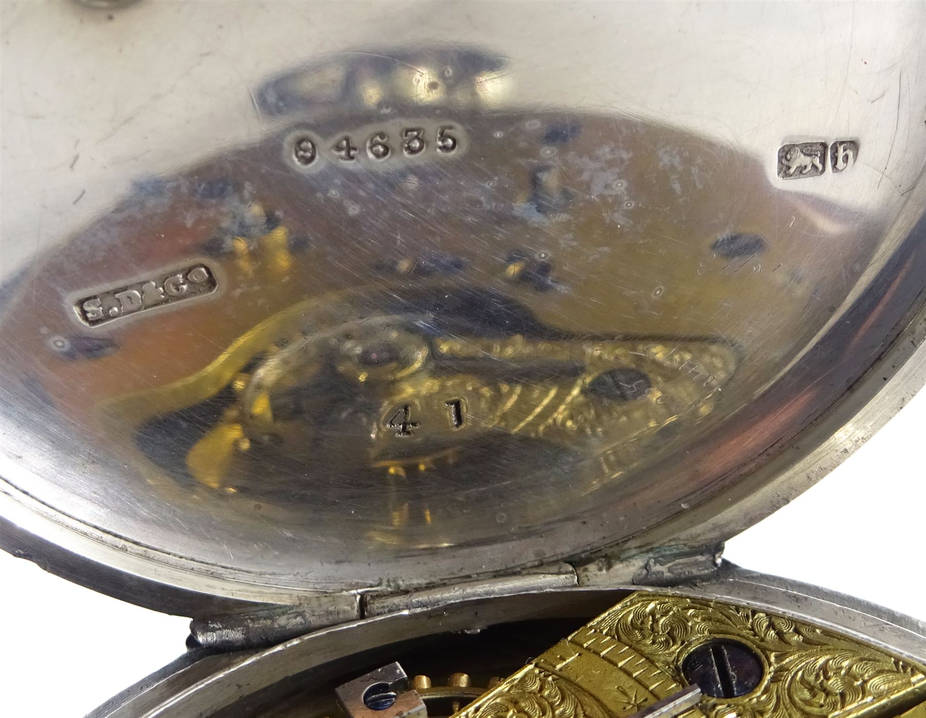 Victorian silver key wound chronograph pocket watch No. 94635, white enamel dial with Roman numerals, outer seconds track numbered 25-300, case by Stewart Dawson & Co, Birmingham 1882