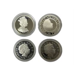 Four Queen Elizabeth II United Kingdom silver proof commemorative crown coins, comprising 1999 'In Memory of Diana Princess of Wales', 2000 'The Queen Mother Centenary Year' 2002 'Accession' and 2003 'Coronation', all with certificates