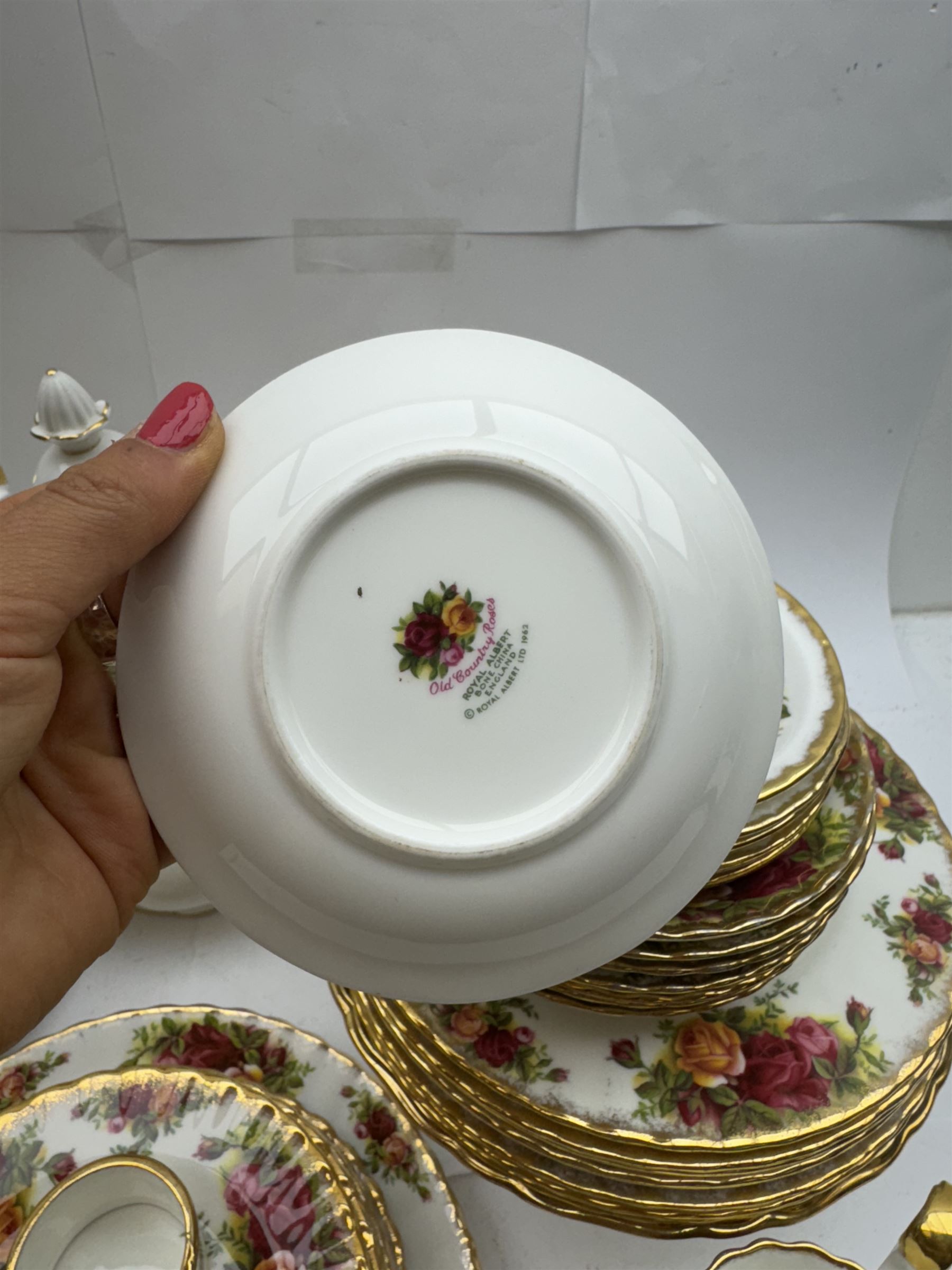 Royal Albert Old Country Roses pattern tea wares, comprising coffee pot, jug and sugar bowl, cake stands, napkin rings, teacups and saucers, side plates, dessert plates, small plates, all with printed marks beneath