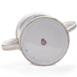 Early 20th century Royal Worcester loving cup, circa 1906, painted with a view of the River Severn and flowers to the reverse, H13cm, Grainger & Co. Worcester twin handled vase, the oval body painted in the Aesthetic style with ferns and grasses in gilt, against a cobalt blue ground, with scrolled handles and quatrefoil foot, H17cm (2)