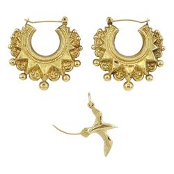 Pair of 9ct gold hoop earrings and a 14ct gold bird pendant, stamped or tested