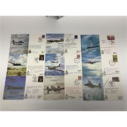 First Day Covers - approx. one hundred flying related and other military FDCs 1970s-2000s, mainly WW2 interest and bearing signatures; British, Channel Islands, Continental, Australia etc; signatures include Vera Lynn, J.H. Lacey, 'Johnnie' Johnson, Barnes Wallis, Bill Reid VC, various other gallantry medal winners, Dam Busters, Battle of Britain, Terence Otway, Leonard Cheshire, Stanford Tuck etc; loose and in a Benham album