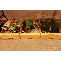  Soldering iron, solder, electrical junctions, flux, grinding discs, wall plugs, screwdrivers, tape measures etc... in three boxes  