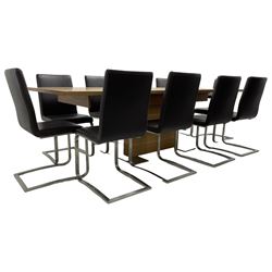 Contemporary walnut extending dining table, rectangular pull-out extending action top with two additional leaves, on rectangular base with burnished metal feet (160cm - 258cm x 100cm, H78cm); together with a set of ten cantilever dining chairs upholstered in stitched brown leather, on burnished metal supports 