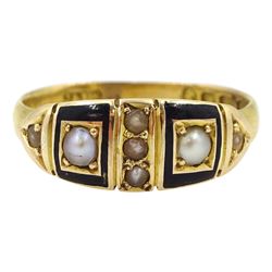 Victorian gold enamel and split pearl mourning ring, the shank inscribed 'In Memory of Farther & Mother' and hallmarked 22ct