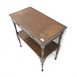 Edwardian walnut side table, moulded top, single drawer, turned supports joined by solid undertier, W74cm, H75cm, D39cm