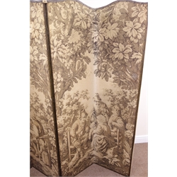  Four panel folding screen, upholstered in fabric depicting a garden scene, W184cm, H178cm  