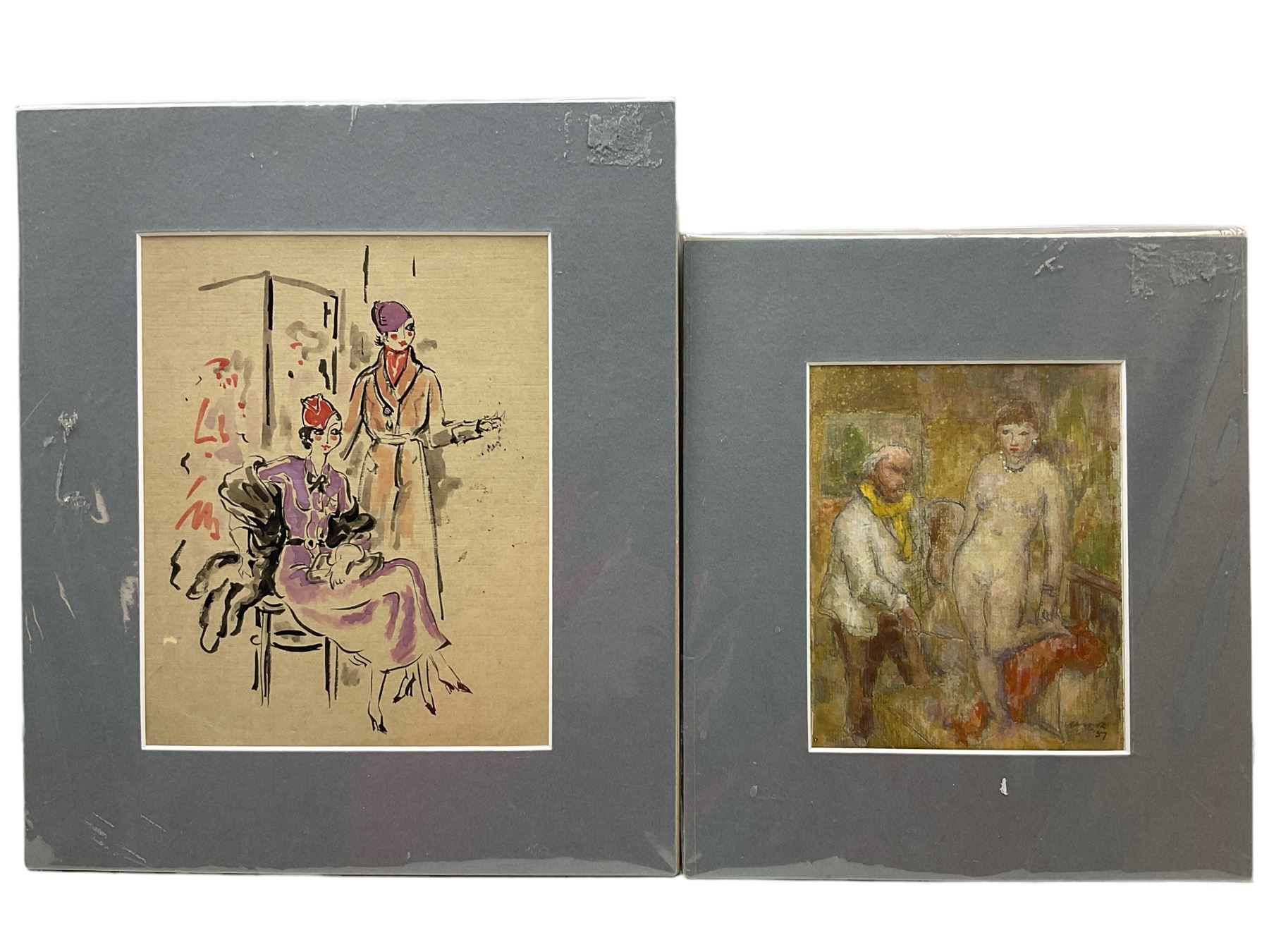 Harold Hope Read (British 1881-1959): 'Artist with Nude' and 'Two Ladies', pastel and watercolour (respectively), signed, labelled verso max 20cm x 16cm (2) (unframed)