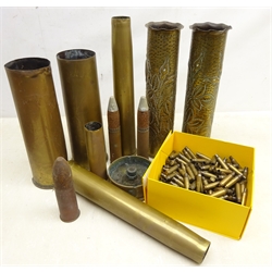  Pair WW1 Trench Art brass artillery shell cases & ashtray, two 30mm Aden Cannon rounds, other WW1 shell cases and qty of brass cartridge cases  
