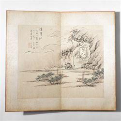 Chinese fold out book, comprising 12 hand-coloured woodblock landscapes each bearing inscription and artists seal  