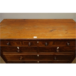  Victorian mahogany chest with three frieze above two short and three long drawers, on plinth base with bun feet, W129cm, H116cm, D56cm  