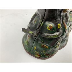 Late 19th century cast-iron mechanical money bank 'Lion and Two Monkeys' by Kyser & Rex with impressed patent mark for 17th July 1883 H25cm L23.5cm