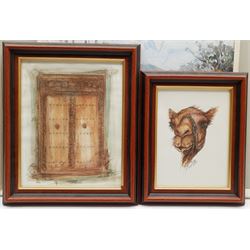 Continental School (20th century): Man by a River, oil on board indistinctly signed, together with a watercolour of a camel and a watercolour of a doorway indistinctly signed, max 25cm x 38cm (3)