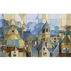 Pam Pebworth (British 1931-2019): Geometric 'Townscape', watercolour signed and dated 2000, 30cm x 49cm