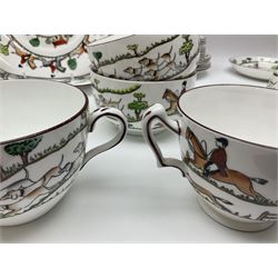 Coalport and Crown Staffordshire hunting scene part teawares, to include eleven teacups and saucers of various sizes, two cake plates, two jugs, four sugar bowls, fourteen dessert plates, etc (68)