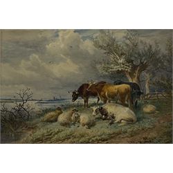 Attrib. Thomas Sydney Cooper (British 1803-1902): Cattle and Sheep grazing by the Riverside, watercolour signed and dated 1884, 27cm x 39cm