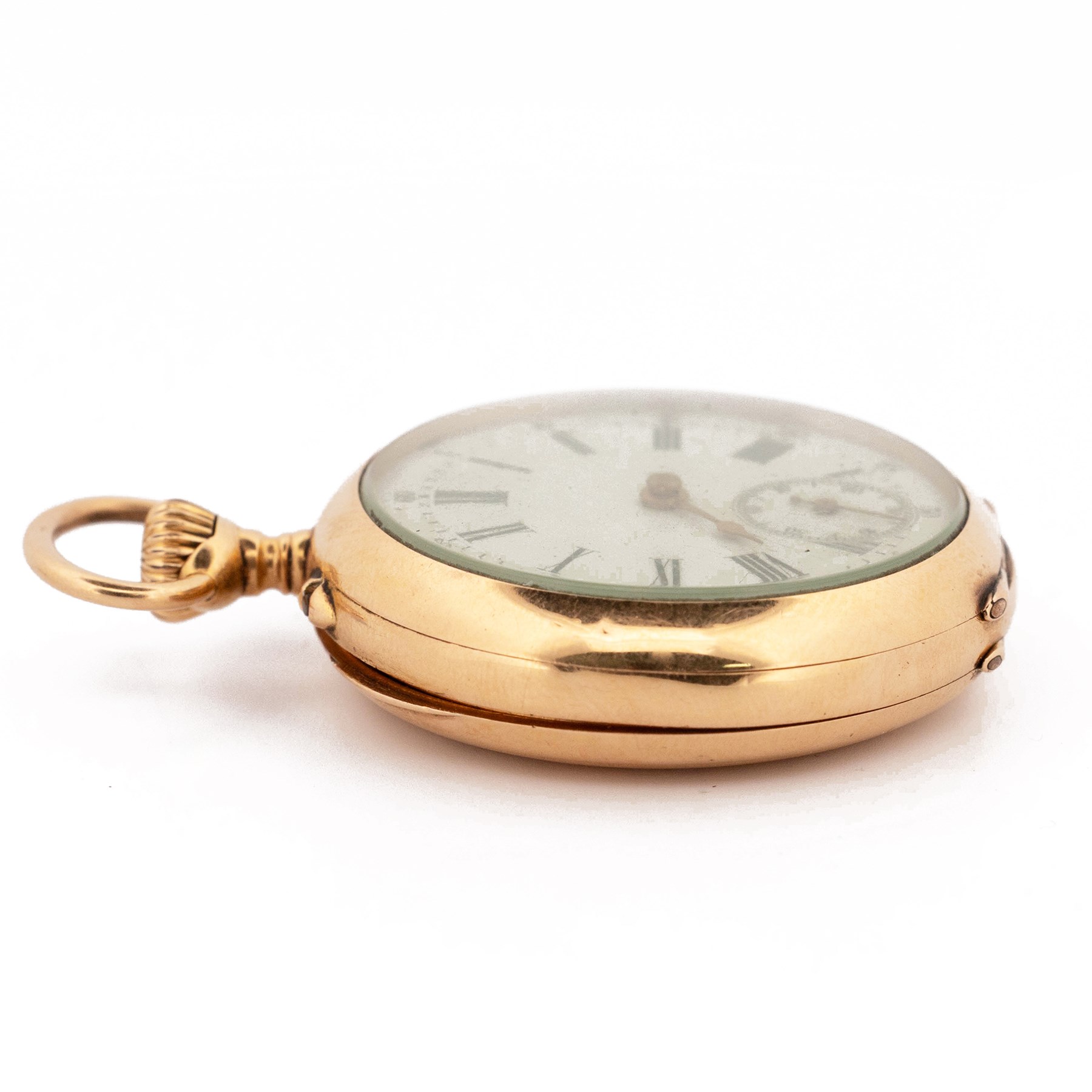 Early 20th century 18ct gold open face keyless lever fob watch by A. Bornand, Montreux, No. 6907, white dial with Roman numeral hour markers, sixty minute outer ring and subsidiary seconds dial, case with engraved foliate decoration and empty cartouche, stamped 18K with Helvetia hallmark