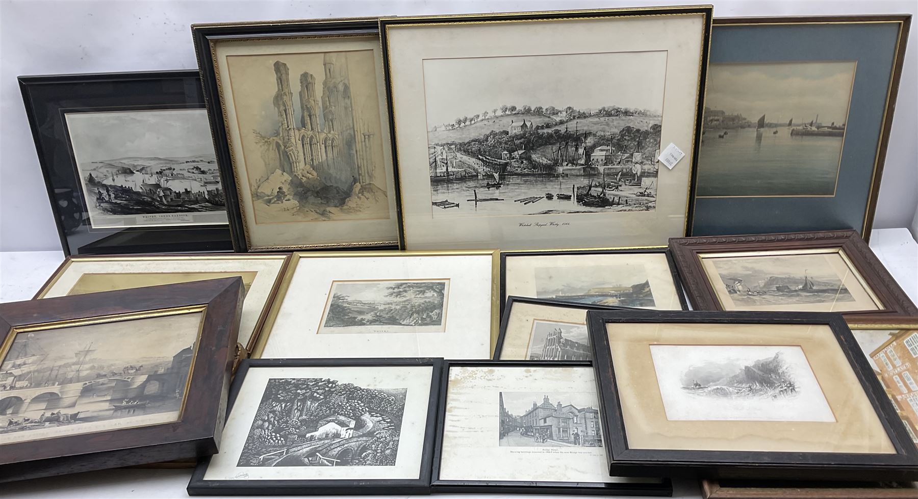 After Francis Pickernell: 'The New Swivel Bridge over the Esk at Whitby', engraving pub. c1835, 22cm x 25cm in original rosewood frame; an interesting collection of prints, engravings and watercolours relating to Whitby (a lot)