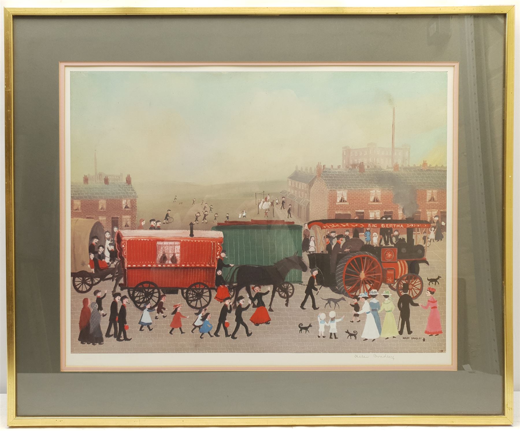 Helen Layfield Bradley (British 1900-1979): 'Big Bertha Comes to Lees', limited edition colour print signed in pencil 45cm x 60cm