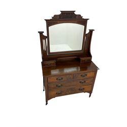 Edwardian walnut Art Nouveau period dressing chest, swing mirror with tulip carved pediment over two short and two long drawers