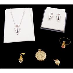 Silver enamel and diamond kite shaped pendant necklace and a pair of matching stud earrings by Nicole Barr, 9ct gold heart charm and locket, silver-gilt ring and a gilt pendant