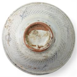 Chinese Early Ming Dynasty blue and white glazed bowl decorated with spotted pattern and central flower, c.1368AD-1644AD, D11cm; together with a small saucer with internal painted cockerel, D7cm (2)