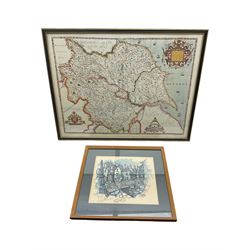 After Christopher Saxton (British c.1540-c.1610): 'Eboracensis Comitatus' - North Yorkshire, 20th century reproduction map 58cm x 77cm, together with an indistinctly signed print of Robin Hood's Bay 28cm x 32cm (2)