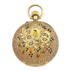 Early 20th century Swiss 14ct gold open face cylinder fob watch, white enamel dial with Roman numerals, back case with enamelled bird decoration amongst flowers, squirrel hallmark