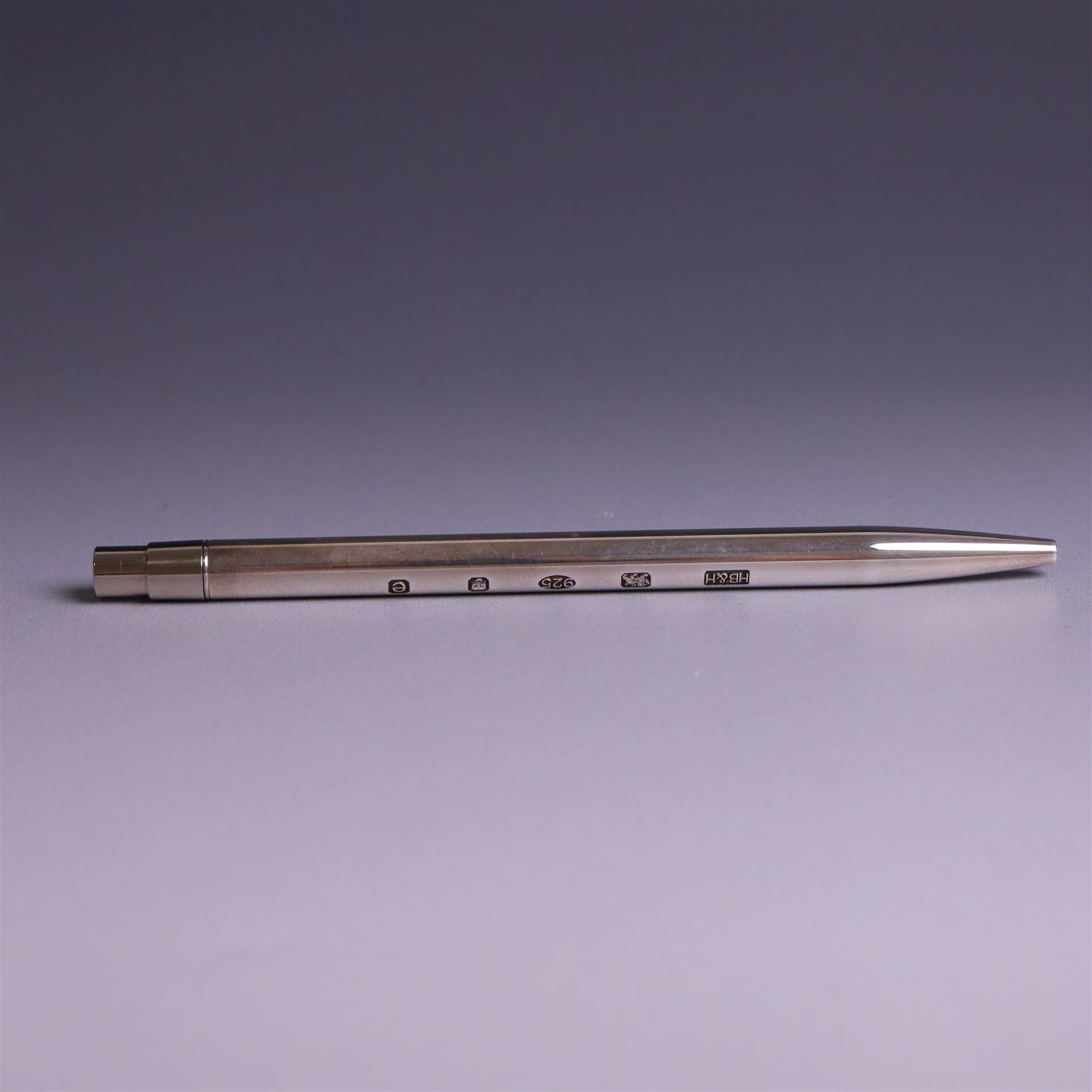 Modern silver cased ball point pen, with decorative hallmark, Harrison Brothers & Howson Ltd, London 2004, boxed