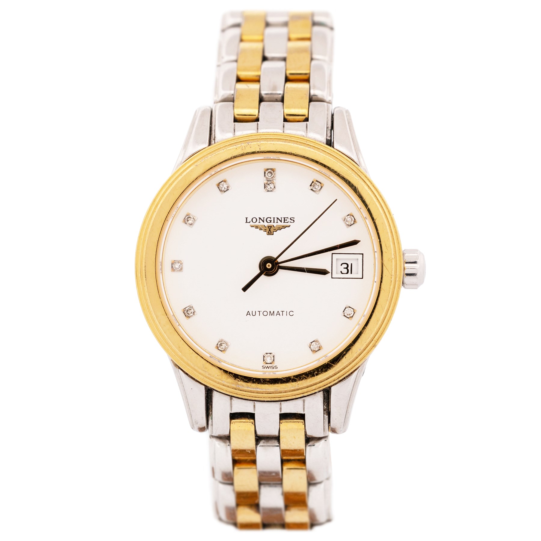 Longines Flagship ladies two tone stainless steel automatic wristwatch, Ref. L4.274.3, Cal. L595.2, white dial with diamond dot hour markers and date aperture, exhibition back, on original bracelet with fold-over clasp, boxed with guarantee card dated 2011
