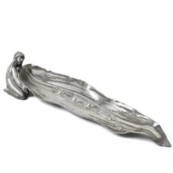WMF Britannia metal pen tray, formed as a girl holding a leaf, stamped to base, W25cm 