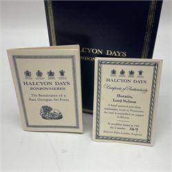 Halcyon Days bonbonniere, modelled as 'Vice-Admiral Lord Nelson', to mark the bicentenary of the British victory at the Battle of Trafalgar, together with another Halcyon Days enamel box depicting Lord Nelson, both boxed 