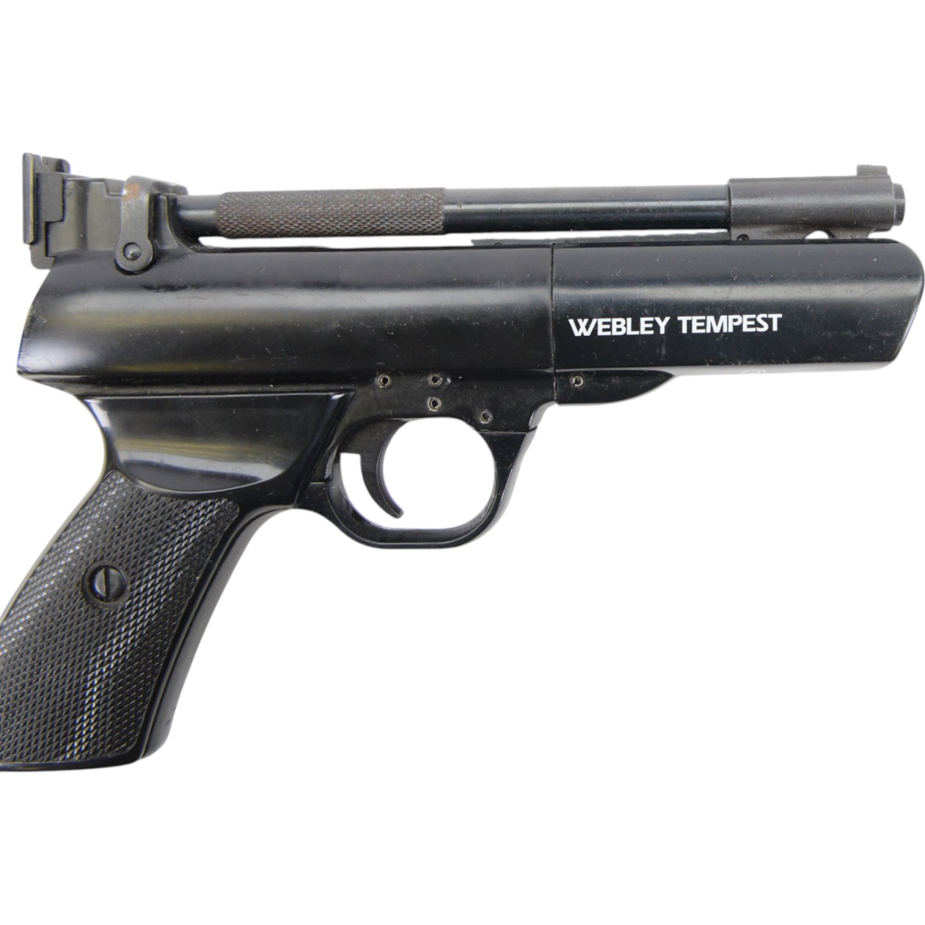Webley Tempest .22 air pistol, the chamber marked 'Webley Tempest' and 'Webley & Scott Ltd. Made in England' beneath, with black checkered grip, H16cm, L28cm