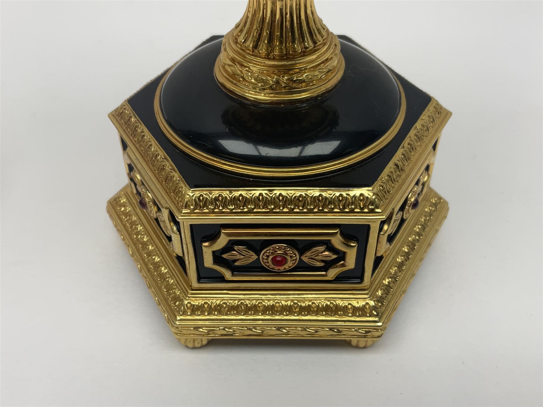 Franklin Mint House of Faberge; The Imperial Jeweled Egg Chess set, the egg opening to reveal a chess board, with a draw to the hexagonal base holding the miniature chess pieces, H23cm 