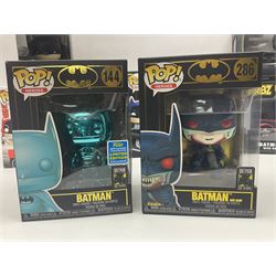 Thirteen Funko! Pop figurines of predominately Batman interest, to include 2016 ‘Batman Classic TV Series Batmobile’ and 2019 teal coloured ‘Batman’ Summer Convention exclusives, most in original boxes, with three similar boxed figures (16)