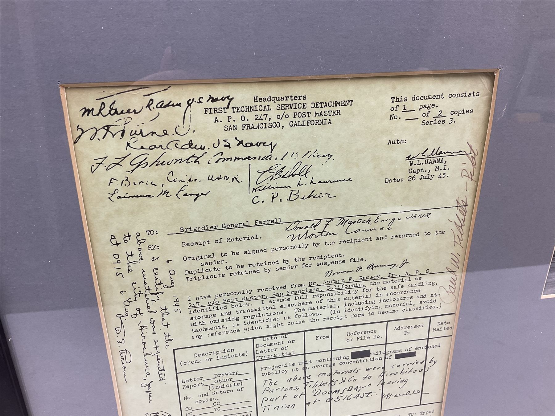 Hiroshima 1945 modern framed display of memorabilia comprising copy