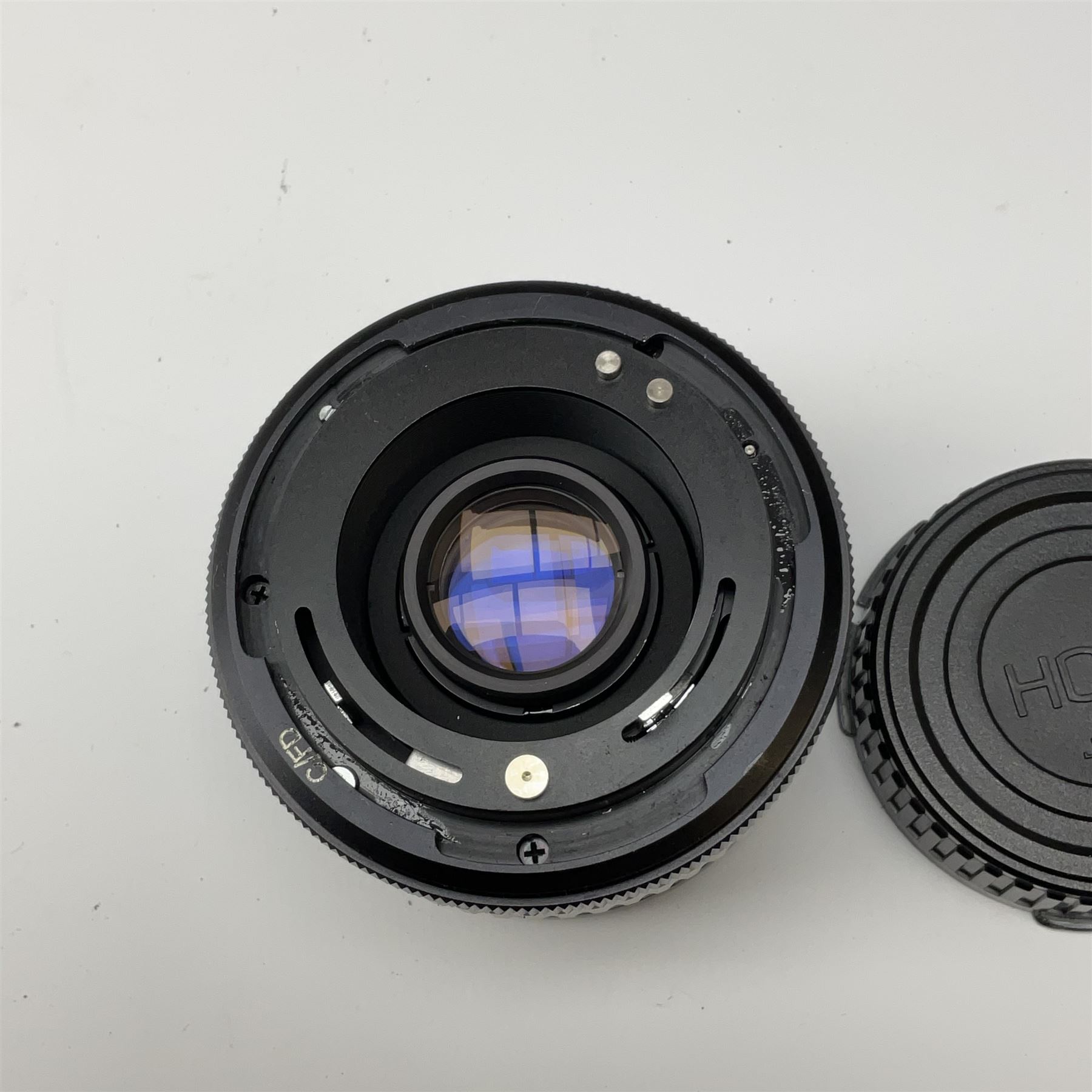 Canon AE1 camera, 'no. 4403757', fitted with Canon 'FD 50mm 1:1.8' lens, Hoya 'HMC Wide-Auto f24mm 1:2.8' lens and various other lenses and camera accessories, housed in a soft carry bag