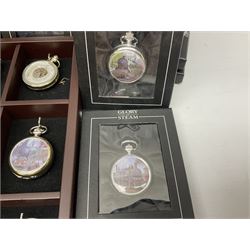 Twenty-three Glory of Steam Atlas Editions silver plated pocket watches, to include The Scottish Horse, Merchant Navy Class, etc, with wood display case, all boxed, twenty one with certificates