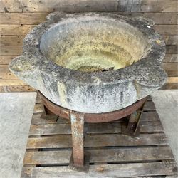 Large 19th century circular stone mortar planter on wrought iron stand