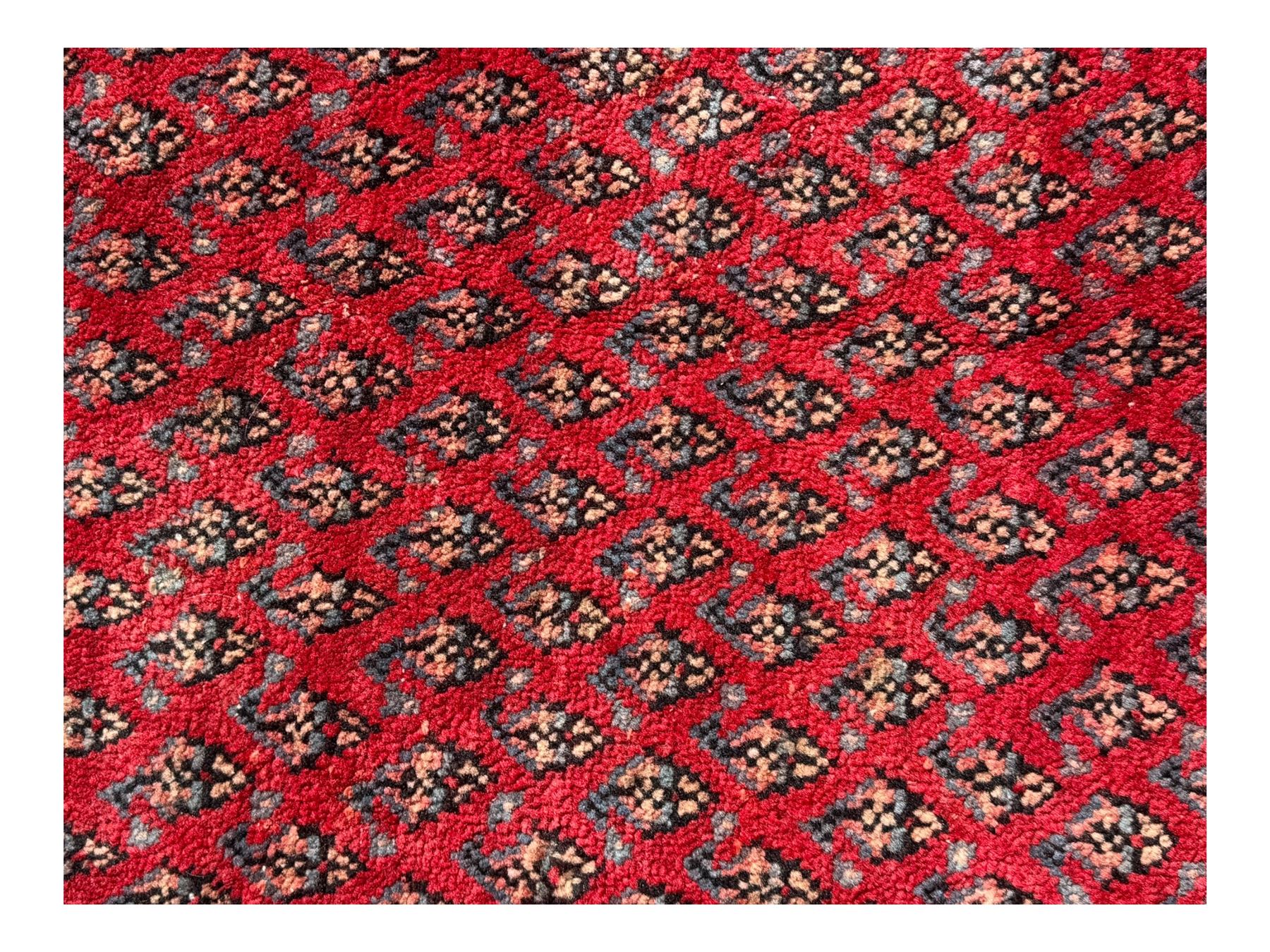 Persian Arak crimson ground rug, the field decorated with repeating Boteh motifs within geometric guard stripes