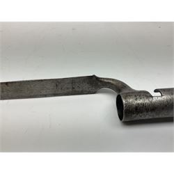 British pattern 1876 socket bayonet with 55cm triangular blade; another smaller socket bayonet; and a leather shot flask, the brass action marked Sykes (3)