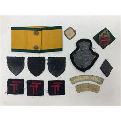 WW2 Women's Land Army six-year service armband in yellow and green; and small quantity of cloth badges including RAF blazer badge, 50th Northumbrian Division, Army cadet Force, Green Howards etc