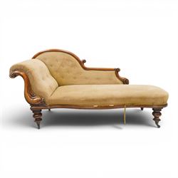Victorian mahogany framed chaise longue, shaped button upholstered back with scroll-over e...